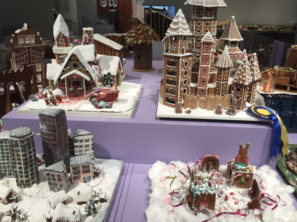 image shows gingerbread contest at Stockholm's architecture museum during the holidays
