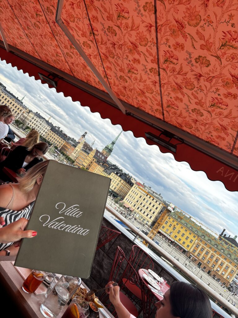 Image shows menu and view from Villa Valentina restaurant in Stockholm